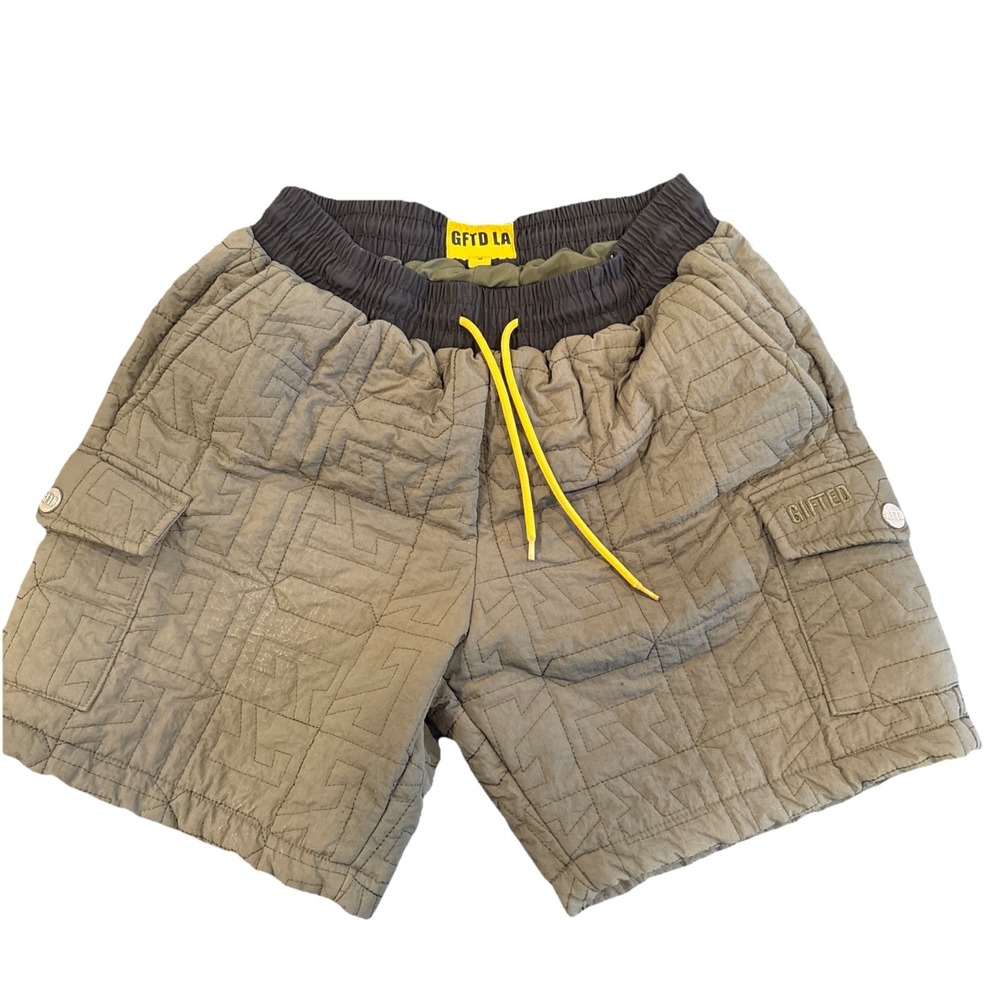 GFTD LA Mens Size S 7" Inseam Cargo Quilted Shorts Olive Stretch Street Wear